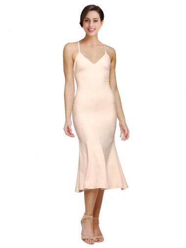 Midi Length V-Neckline Crepe Cocktail Evening Dress with Thin Straps and Fulted Skirt UK