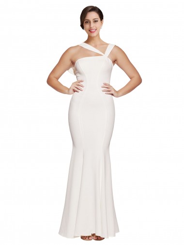 Full Length Square Neck Crepe Evening Dress with Asymmetrical Straps and Bow Back UK