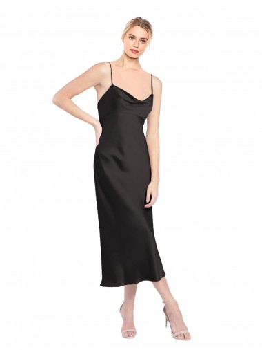 Cowl Neck Midi Length Short Stretch Satin Slip Cocktail Evening Dress UK