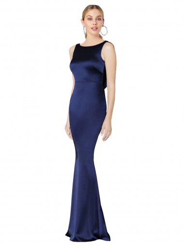 Sheath High Neck Stretch Satin Evening Dress Low Back UK