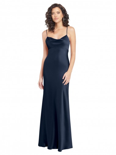 Cowl Neck Long Empire Waist Stretch Satin Evening Dress with Open Back UK