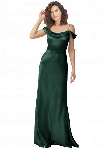 Off the Shoulder Sleeves Long Stretch Satin Evening Dress with Pleated Draped Neckline UK