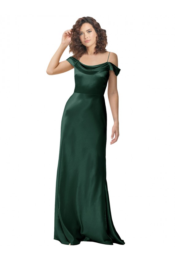 Off the Shoulder Sleeves Long Stretch Satin Evening Dress with Pleated Draped Neckline