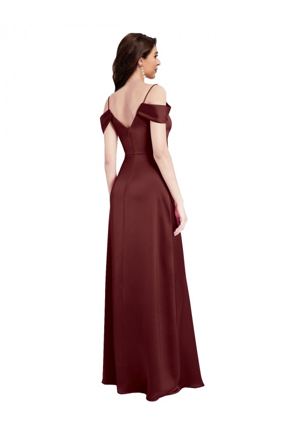 Draped Off the Shoulder Sleeves Slim A-Line Stretch Satin Evening Dress with Side Slit