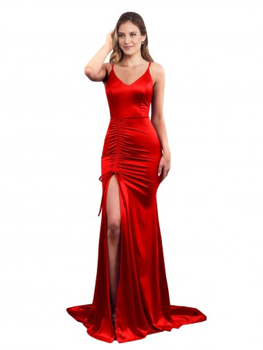 Long Pleated Stretch Satin Evening Dress with High Slit UK