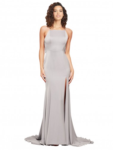 High Neck Low Back Long Full Length Stretch Satin Evening Dress UK