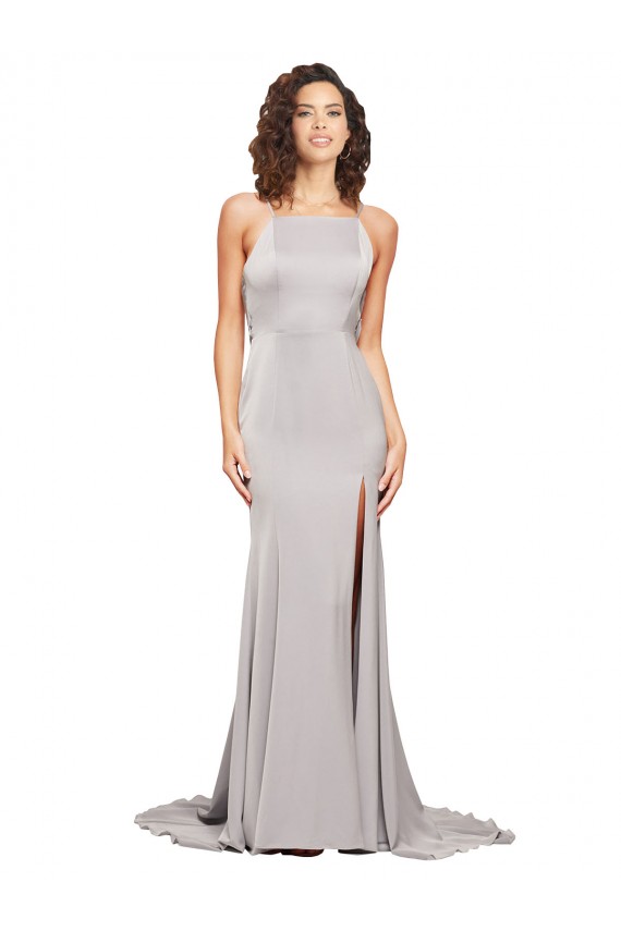 High Neck Low Back Long Full Length Stretch Satin Evening Dress