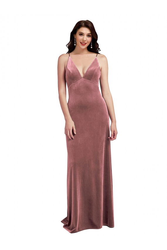 Low Scoop Back Long V-Neck Velvet Semi Evening Dress