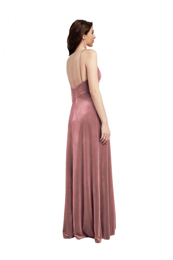 Low Scoop Back Long V-Neck Velvet Semi Evening Dress