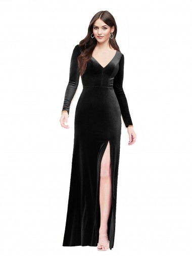 Long Sleeves Velvet Evening Dress with V-Neckline and Thigh Slit UK