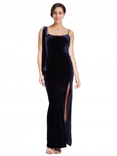 Long Velvet Evening Dress with Side Thigh Split and Shoulder Tie UK